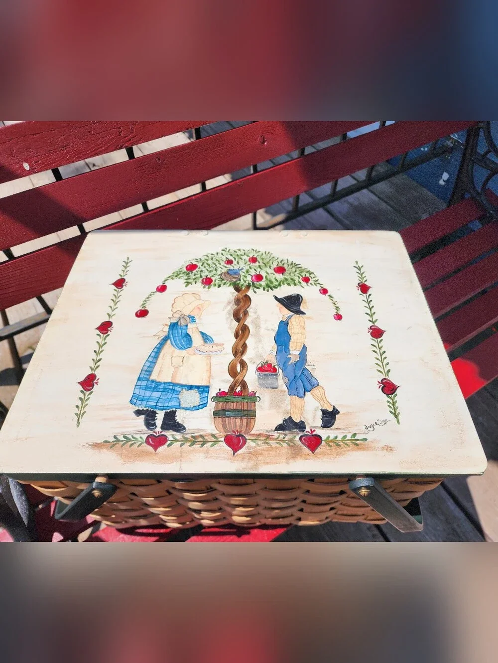Vintage Tole Painted Woven Picnic Basket Wood Folk Artist Signed 2000 Rare HTF